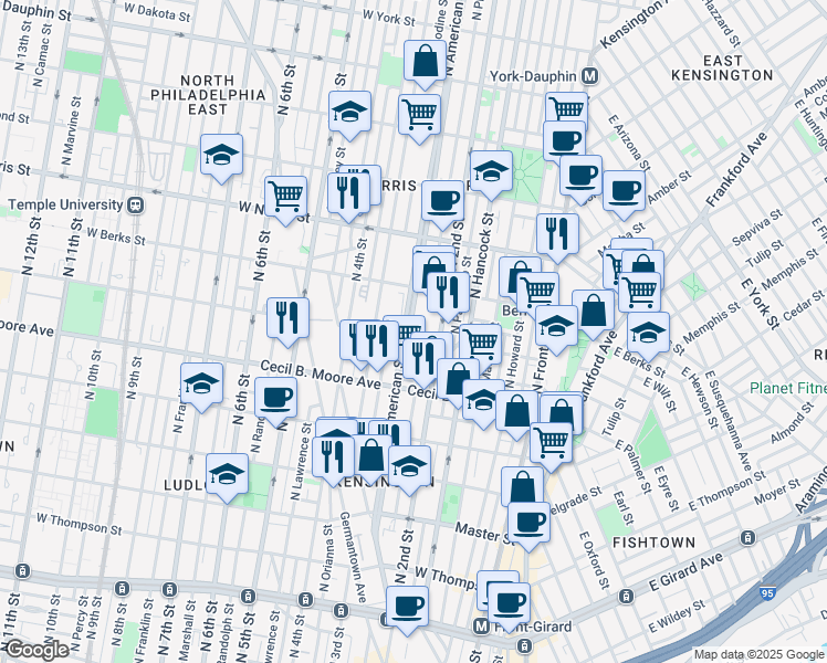 map of restaurants, bars, coffee shops, grocery stores, and more near 1755 North Bodine Street in Philadelphia