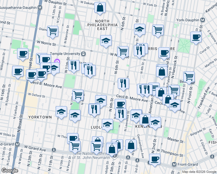 map of restaurants, bars, coffee shops, grocery stores, and more near in Philadelphia