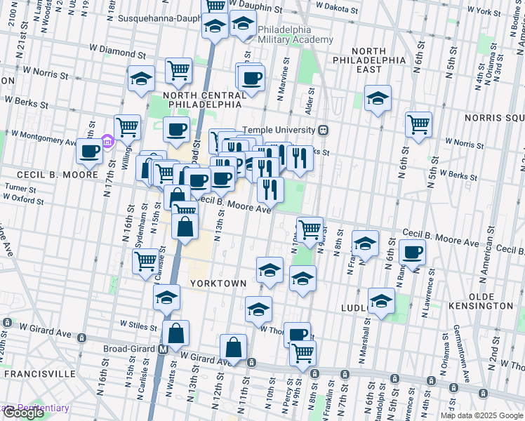 map of restaurants, bars, coffee shops, grocery stores, and more near 1100 Cecil B. Moore Avenue in Philadelphia