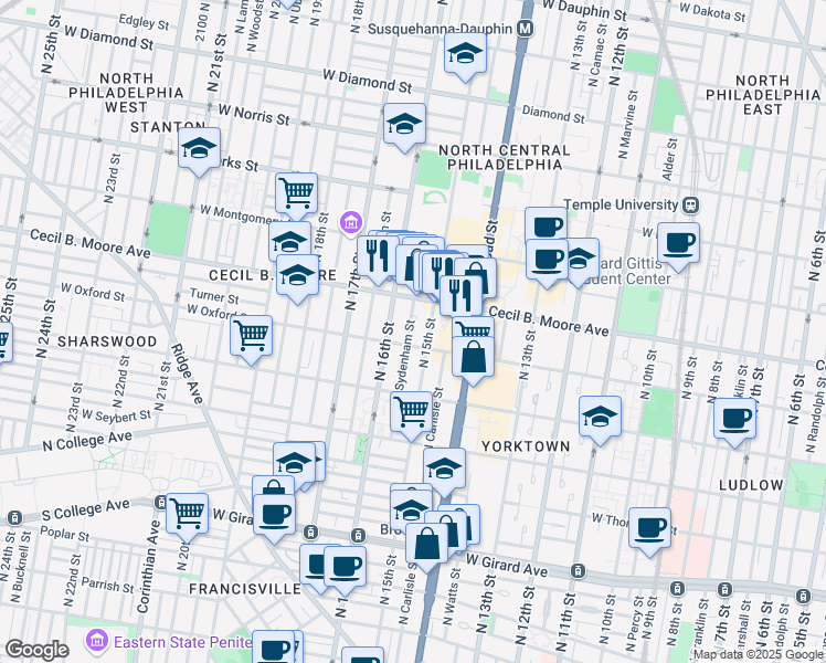 map of restaurants, bars, coffee shops, grocery stores, and more near 1611 North Sydenham Street in Philadelphia