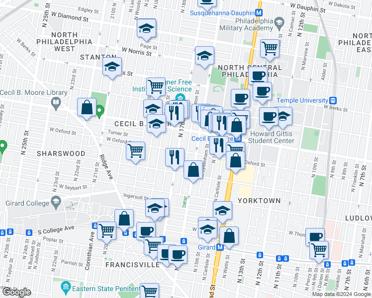 map of restaurants, bars, coffee shops, grocery stores, and more near 1609 West Oxford Street in Philadelphia