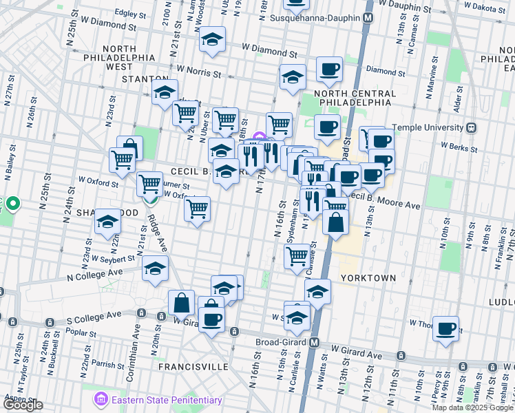 map of restaurants, bars, coffee shops, grocery stores, and more near 1715 West Oxford Street in Philadelphia