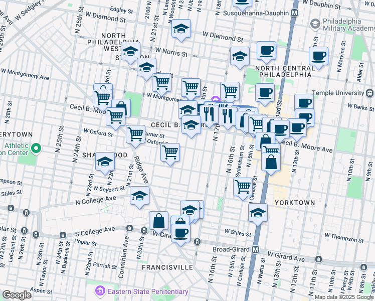 map of restaurants, bars, coffee shops, grocery stores, and more near 1540 North 18th Street in Philadelphia