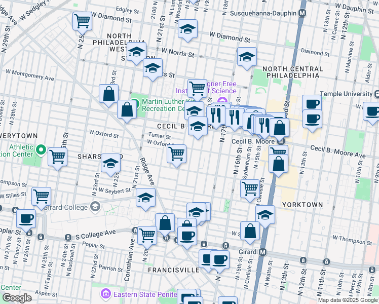 map of restaurants, bars, coffee shops, grocery stores, and more near 1540 North 18th Street in Philadelphia