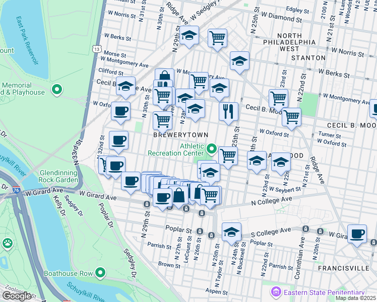 map of restaurants, bars, coffee shops, grocery stores, and more near 1434 North Etting Street in Philadelphia