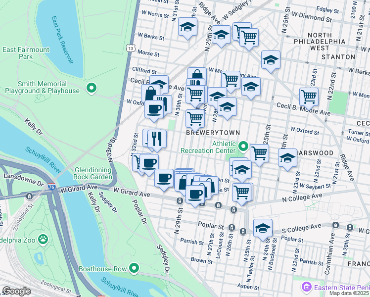 map of restaurants, bars, coffee shops, grocery stores, and more near in Philadelphia