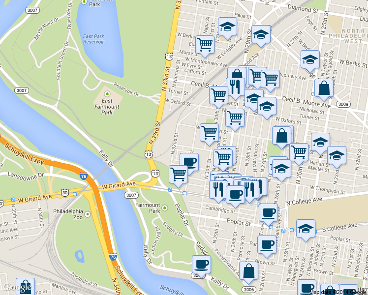 map of restaurants, bars, coffee shops, grocery stores, and more near in Philadelphia