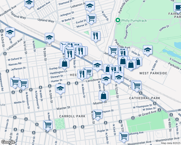 map of restaurants, bars, coffee shops, grocery stores, and more near 5427 Hunter Street in Philadelphia