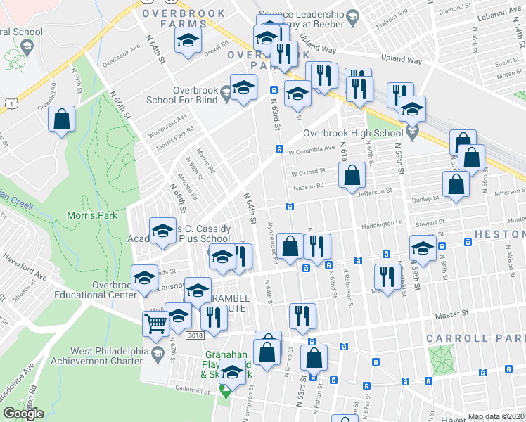 map of restaurants, bars, coffee shops, grocery stores, and more near 878 Wynnewood Road in Philadelphia