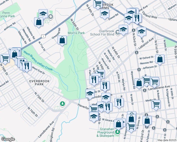 map of restaurants, bars, coffee shops, grocery stores, and more near 1031 Flanders Road in Philadelphia