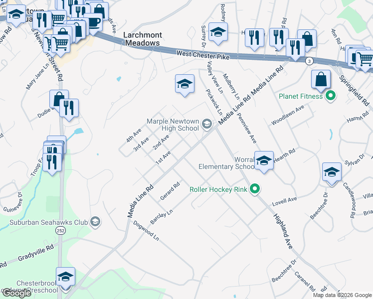 map of restaurants, bars, coffee shops, grocery stores, and more near 204 Media Line Road in Newtown Square