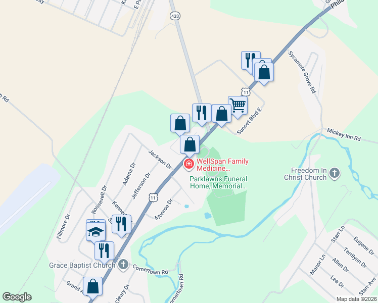 map of restaurants, bars, coffee shops, grocery stores, and more near 97b Brim Boulevard in Chambersburg