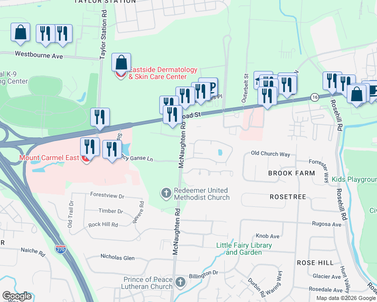 map of restaurants, bars, coffee shops, grocery stores, and more near 105 Stornoway Drive East in Columbus
