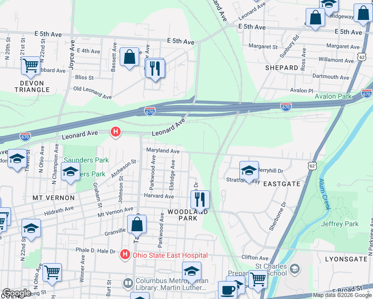 map of restaurants, bars, coffee shops, grocery stores, and more near 1708 Maryland Avenue in Columbus