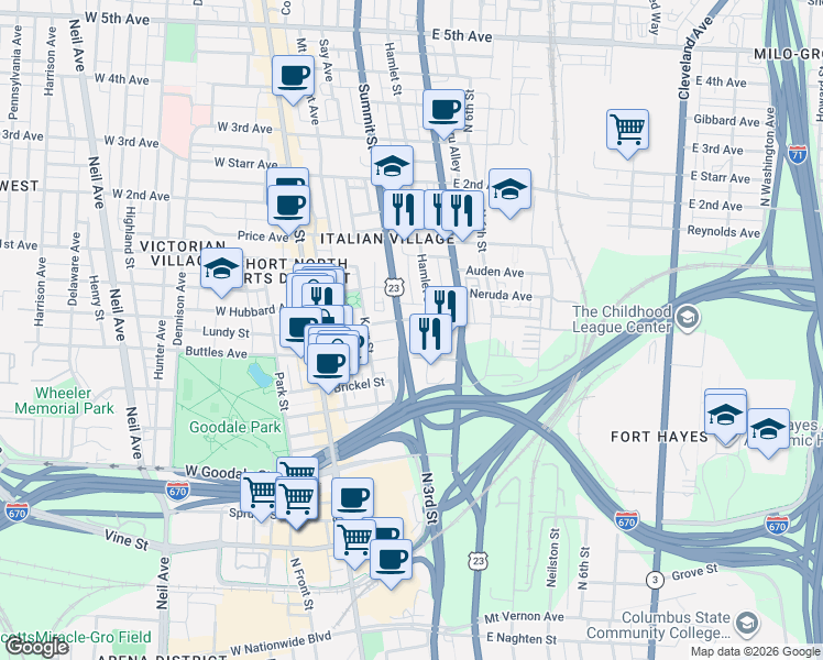 map of restaurants, bars, coffee shops, grocery stores, and more near 153 Warren Street in Columbus