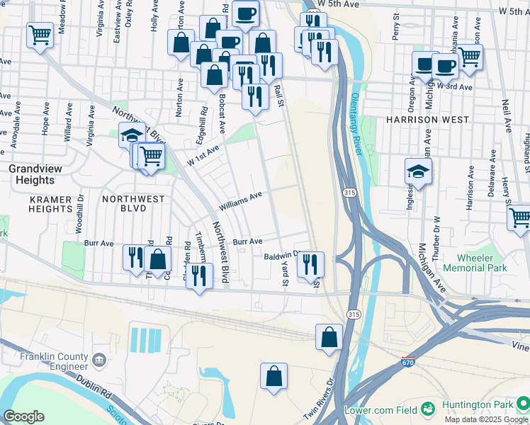 map of restaurants, bars, coffee shops, grocery stores, and more near 895 Yard Street in Grandview Heights