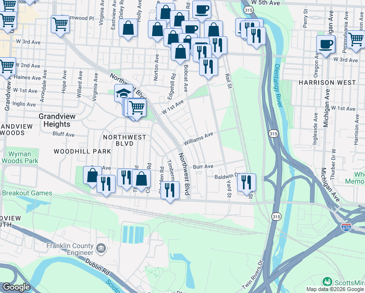 map of restaurants, bars, coffee shops, grocery stores, and more near 912 Northwest Boulevard in Grandview Heights