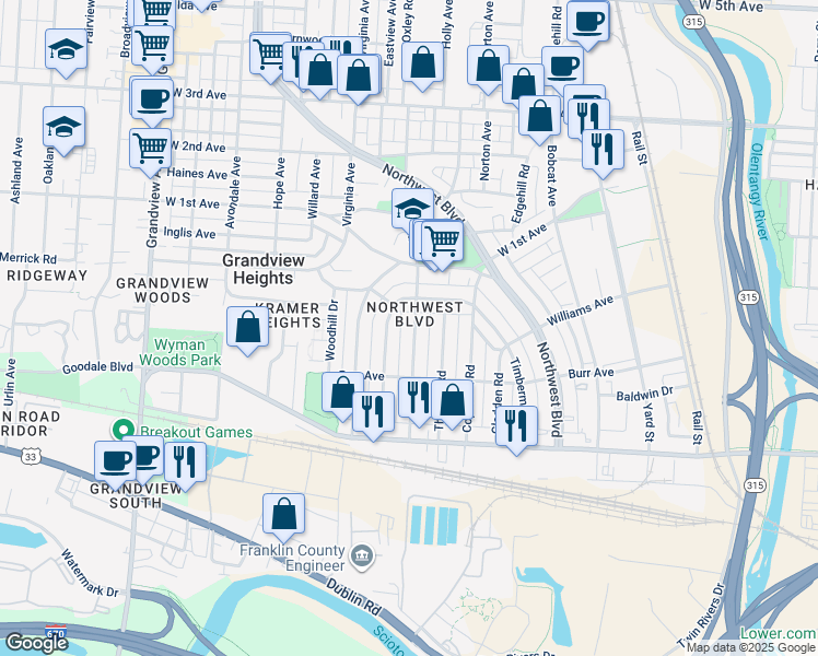 map of restaurants, bars, coffee shops, grocery stores, and more near 948 McClain Road in Columbus