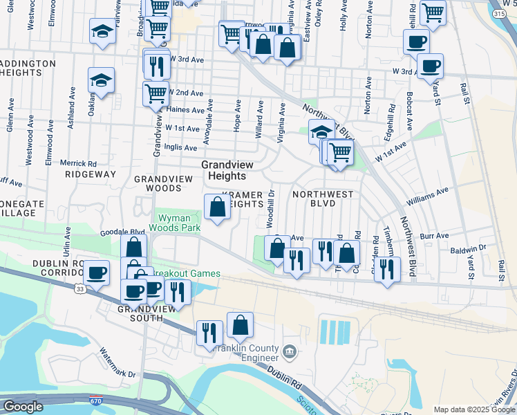 map of restaurants, bars, coffee shops, grocery stores, and more near 947 Woodhill Drive in Grandview Heights