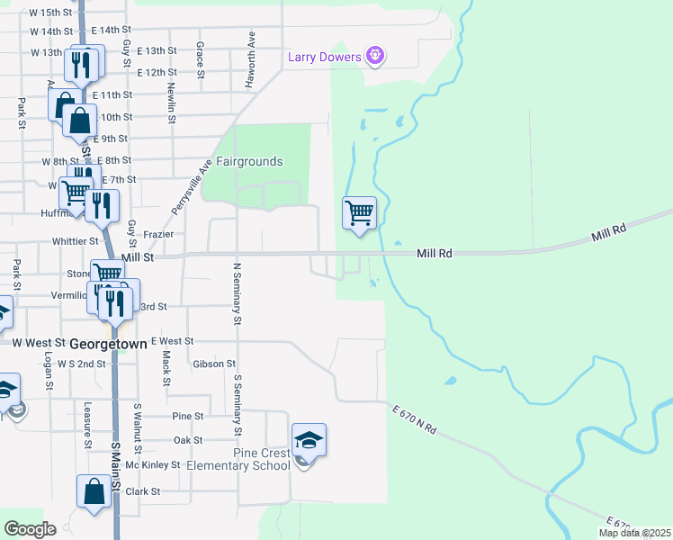 map of restaurants, bars, coffee shops, grocery stores, and more near 700-798 Mill Street in Georgetown