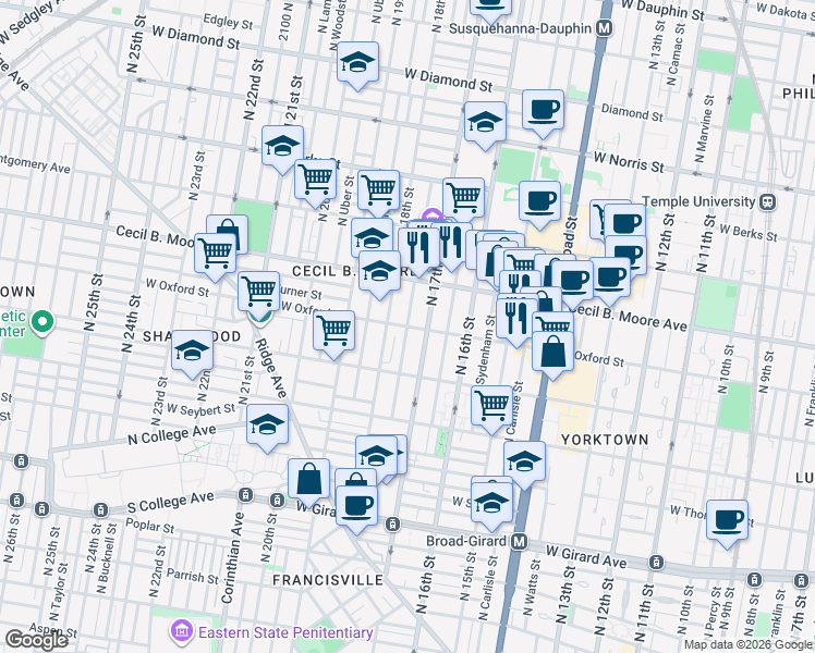map of restaurants, bars, coffee shops, grocery stores, and more near West Oxford Street & North Bouvier Street in Philadelphia
