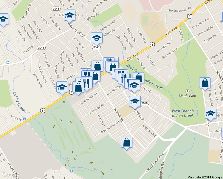 map of restaurants, bars, coffee shops, grocery stores, and more near 7537 Greenhill Road in Philadelphia