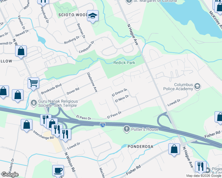 map of restaurants, bars, coffee shops, grocery stores, and more near 3487 Plainview Dr in Columbus