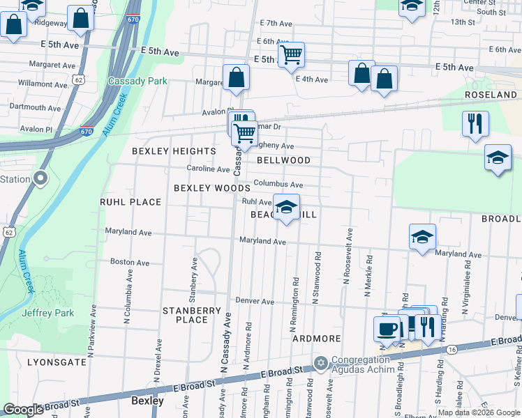 map of restaurants, bars, coffee shops, grocery stores, and more near 364 North Ardmore Road in Columbus