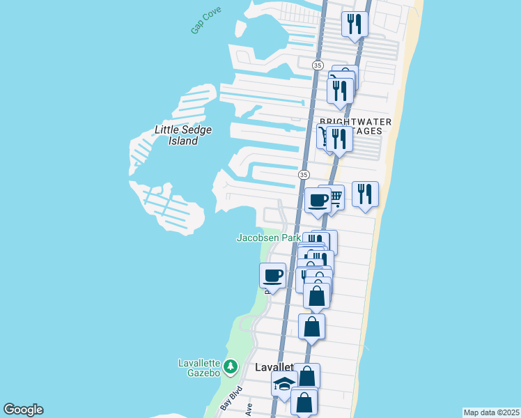map of restaurants, bars, coffee shops, grocery stores, and more near 100 Coleman Lane in Lavallette