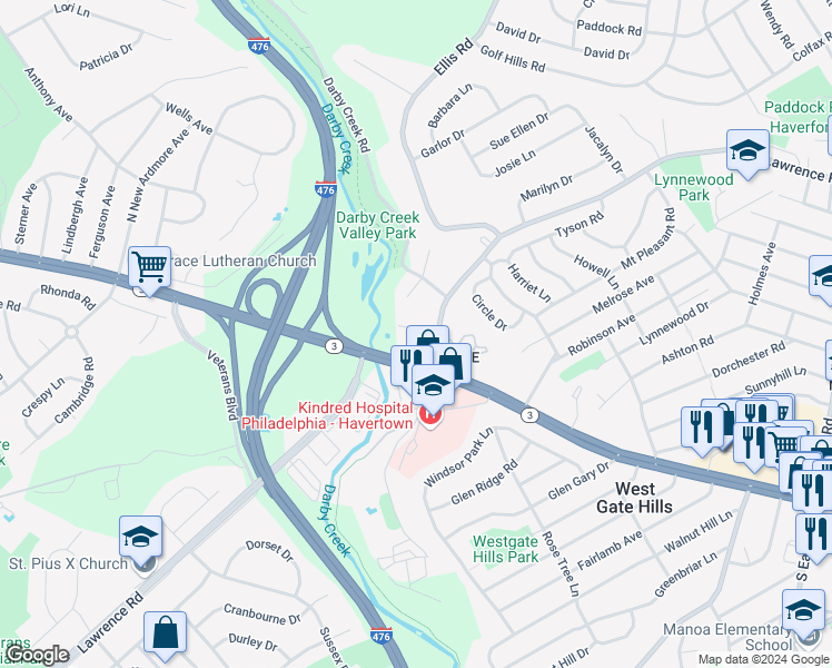 map of restaurants, bars, coffee shops, grocery stores, and more near 1925 Lawrence Road in Havertown