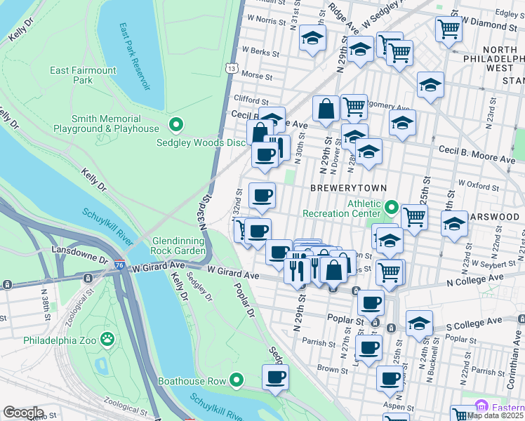 map of restaurants, bars, coffee shops, grocery stores, and more near 3100 W Master St in Philadelphia