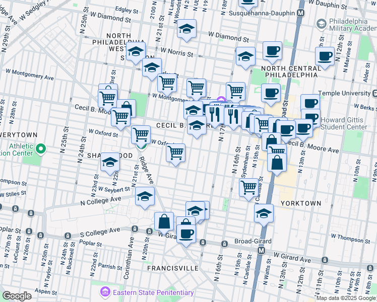 map of restaurants, bars, coffee shops, grocery stores, and more near 1540 North Gratz Street in Philadelphia