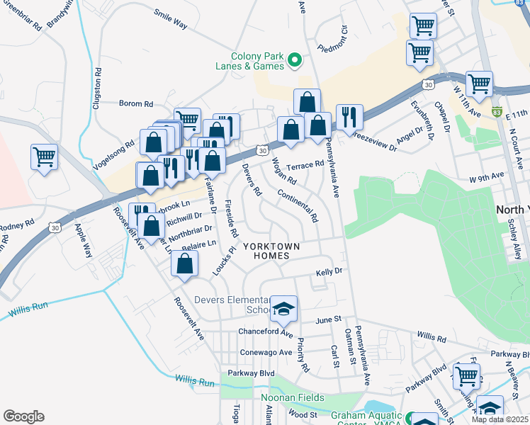 map of restaurants, bars, coffee shops, grocery stores, and more near 1309 Livingstone Road in York