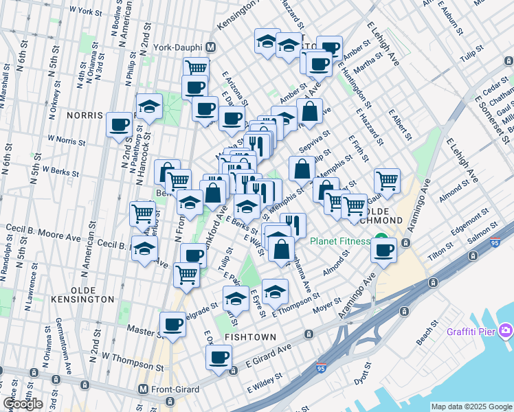map of restaurants, bars, coffee shops, grocery stores, and more near 2305 East Norris Street in Philadelphia