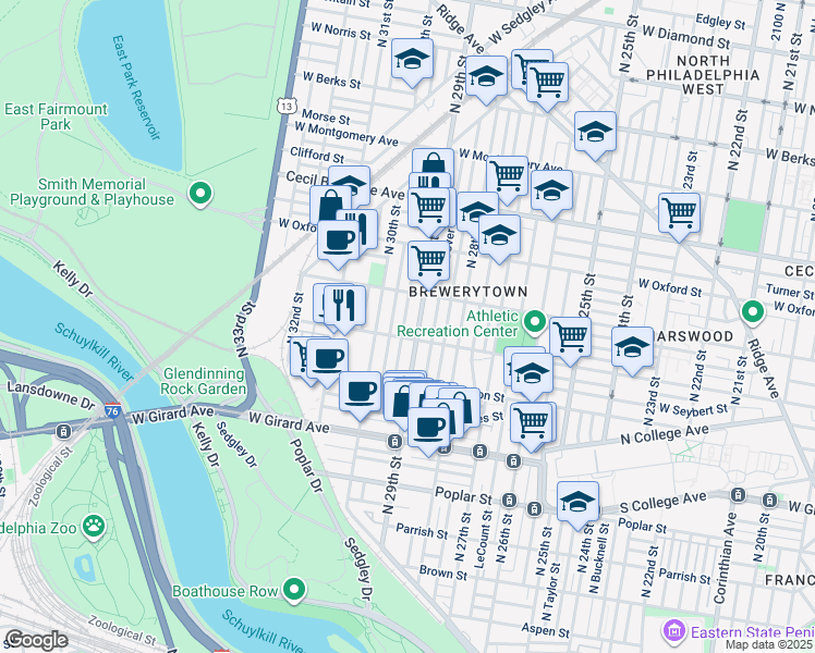 map of restaurants, bars, coffee shops, grocery stores, and more near 1415 North Hollywood Street in Philadelphia