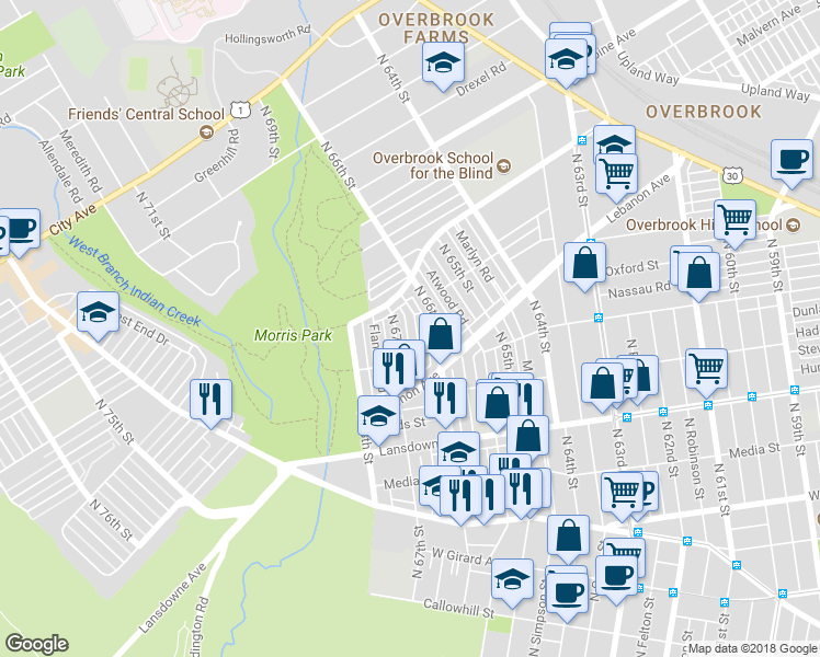 map of restaurants, bars, coffee shops, grocery stores, and more near 1026 Edgemore Road in Philadelphia