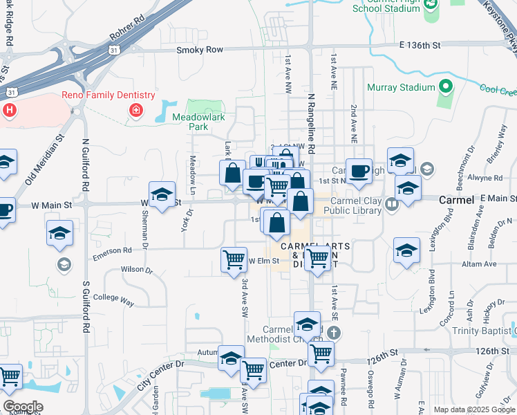 map of restaurants, bars, coffee shops, grocery stores, and more near 39 Monon Boulevard in Carmel