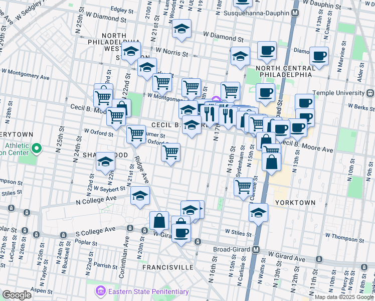 map of restaurants, bars, coffee shops, grocery stores, and more near 1547 North Gratz Street in Philadelphia