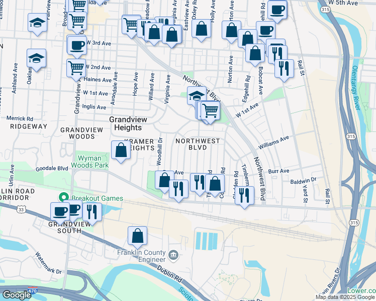 map of restaurants, bars, coffee shops, grocery stores, and more near 948 McClain Road in Columbus