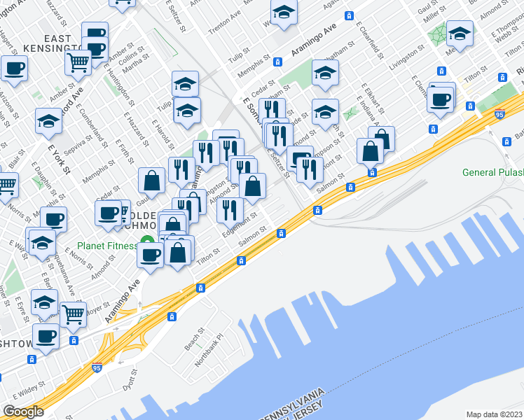 map of restaurants, bars, coffee shops, grocery stores, and more near E Lehigh Ave & Edgemont St in Philadelphia