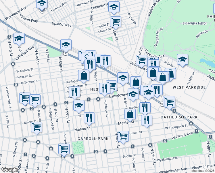 map of restaurants, bars, coffee shops, grocery stores, and more near 1644 North 55th Street in Philadelphia