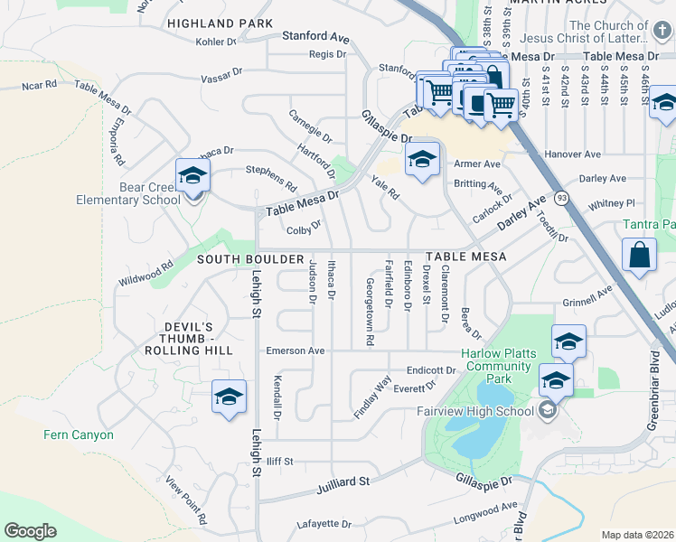 map of restaurants, bars, coffee shops, grocery stores, and more near 1160 Ithaca Drive in Boulder