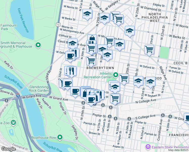 map of restaurants, bars, coffee shops, grocery stores, and more near 1424 North Newkirk Street in Philadelphia