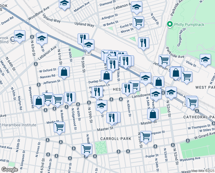 map of restaurants, bars, coffee shops, grocery stores, and more near 5710 Haddington Lane in Philadelphia