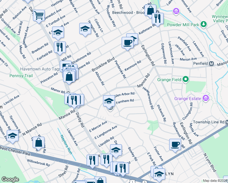 map of restaurants, bars, coffee shops, grocery stores, and more near 213 East Manoa Road in Havertown