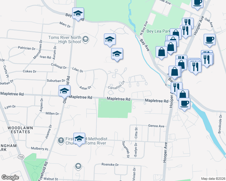 map of restaurants, bars, coffee shops, grocery stores, and more near 301 Scarlet Court in Toms River