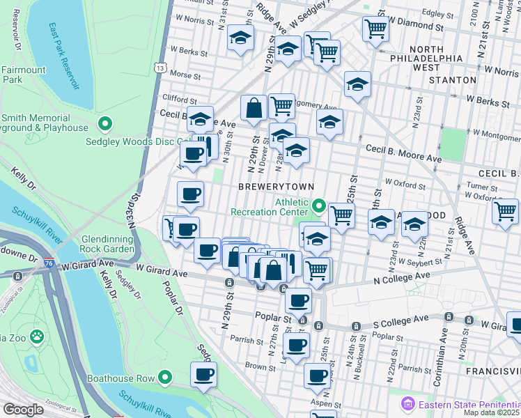 map of restaurants, bars, coffee shops, grocery stores, and more near 1424 North Newkirk Street in Philadelphia