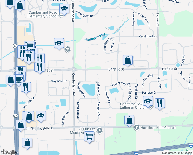 map of restaurants, bars, coffee shops, grocery stores, and more near 13038 Teesdale Court in Fishers