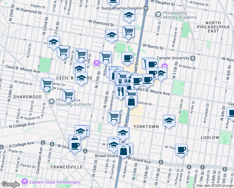 map of restaurants, bars, coffee shops, grocery stores, and more near 1612 North 15th Street in Philadelphia