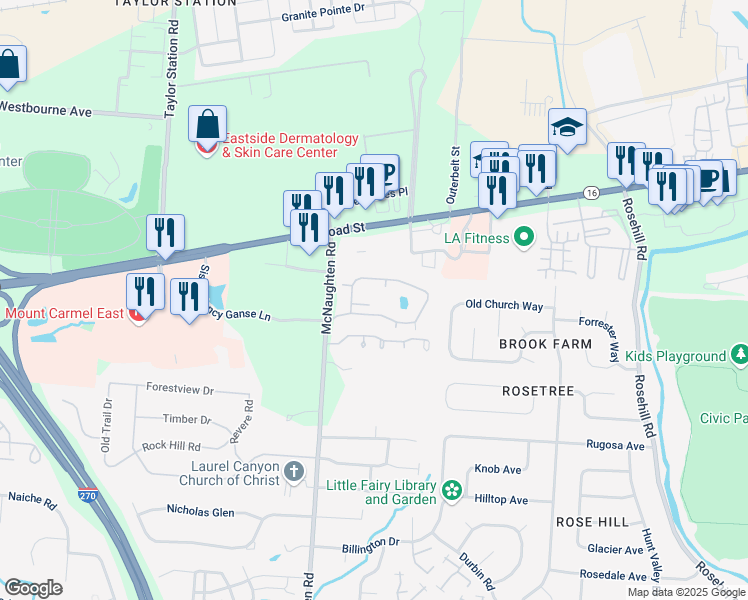 map of restaurants, bars, coffee shops, grocery stores, and more near 6174 Stornoway Drive West in Columbus
